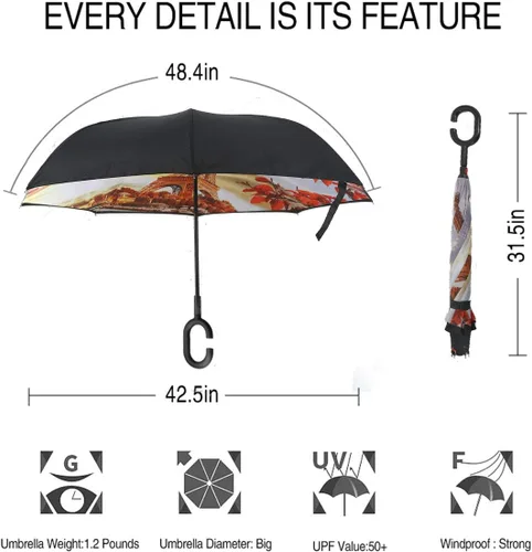 Miniatura 4 de MRTLLOA - Paraguas invertido de doble capa, mango en forma de C, impermeable, anti rayos UV, resistente al viento, para automóvil, lluvia y uso
