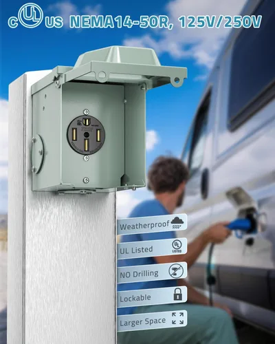 Miniatura 2 de Caja de toma de corriente de 50 amperios PAULINN, salida Nema 14-50R de 125/250 voltios, enchufe de RV con cubierta basculante con cerradura