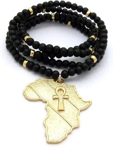 Miniatura 4 de Mens egipcio Ankh Cruz Africa Map Power Puño Oro Colgante 6mm 30" Bead Collar de madera