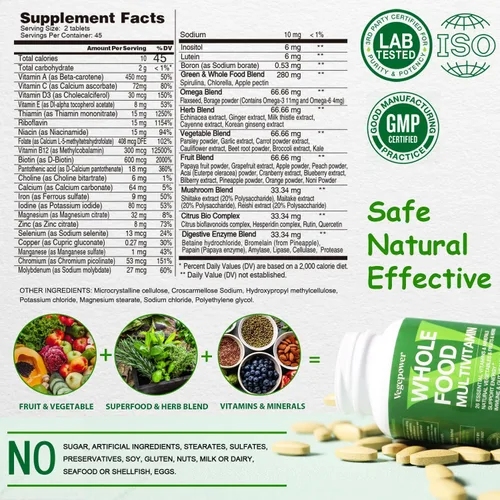 Miniatura 2 de Multivitamínico vegano de alimentos integrales con hierro, multivitamínico diario para hombres y mujeres, multivitaminas metiladas, complejo B