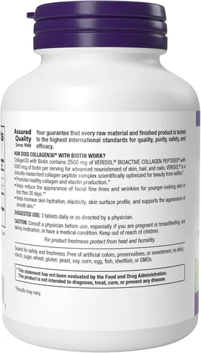 Miniatura 7 de Webber Naturals Colágeno 30 con biotina, 2,500 mg de péptidos de colágeno bioactivos con 5,000 mcg de biotina por porción, 120 tabletas, para una