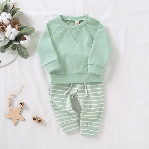 Miniatura 2 de Conjunto de sudadera para bebé niña y niña, conjunto de ropa de primavera e invierno de manga larga + pantalones a rayas, 2 piezas