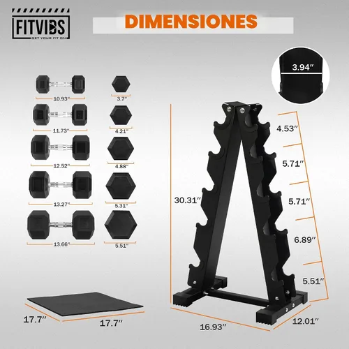 Miniatura 3 de Fitvids Juego de mancuernas hexagonales recubiertas de goma con estante de almacenamiento, juego de pesas de mano de 100/150/200/550 libras