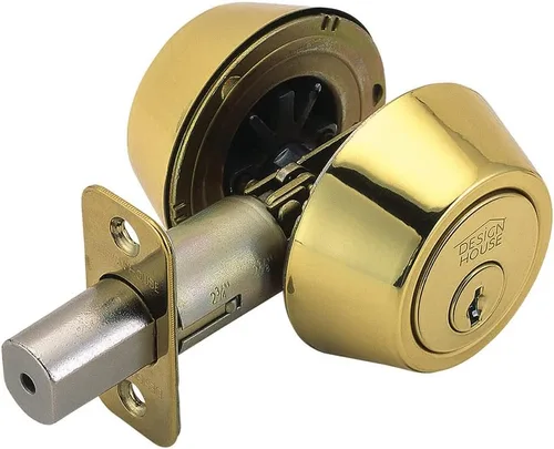 Design House Cerradura de cilindro doble de sobrepuesto, cerradura de puerta delantera de latón pulido, se adapta a fondos de 2-3/4" y 2-3/8", para