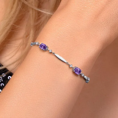 Miniatura 31 de Gem Stone King 925 Sterling Silver Gemstone Birthstone and White Created Sapphire Tennis Bracelet For Women Oval 7X5MM and 2MM 6 Inch + 1 Inch