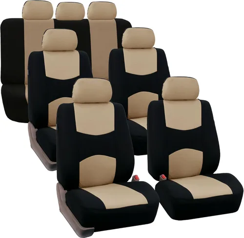 TLH Fundas de Asiento de Tela Plana Beige de 3 Filas 7 Asientos Ajuste Universal Accesorios del Interior del Automóvil, Fundas de Asiento