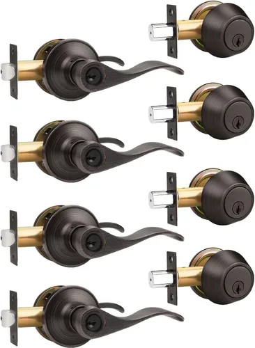 Miniatura 9 de Gobrico Keyd Alike - Manija de puerta de entrada y cerrojo de un solo cilindro en níquel satinado, palanca estilo onda con cerradura y cerrojo