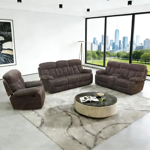Miniatura 9 de Juego de sofá reclinable seccional con almacenamiento, juegos de muebles de pana para sala de estar, juego de sofá reclinable con portavasos, Beige