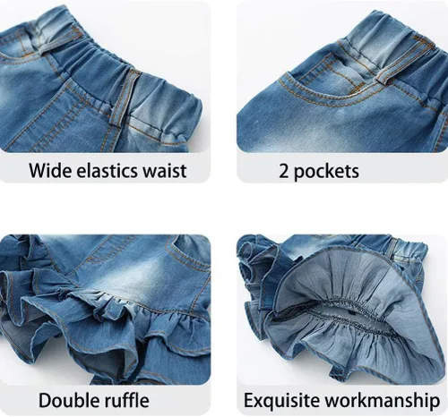 Miniatura 4 de TIBE PINCESS Pantalones cortos de mezclilla para niñas de 2 capas con volantes de encaje para niños, falda de entrenamiento de bebé, pantalones
