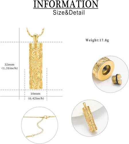 Miniatura 53 de Collar de urna de girasol para cenizas, collar de barra cilíndrica para cenizas para mujer, colgante de recuerdo para cenizas, joyería de cremación