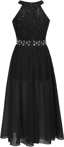 Miniatura 3 de Daenrui Vestido largo de encaje floral para niñas y niñas, con cuello halter, para baile de boda, fiesta de baile