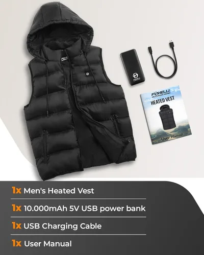 Miniatura 8 de Foxelli Chaleco calefactado para hombre, chaleco ligero recargable por USB, con batería incluida, Negro