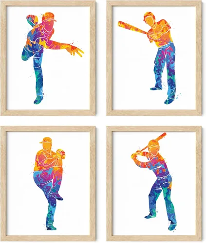 Miniatura 16 de Impresiones artísticas de pared de béisbol, juego de 4 pósteres de béisbol sin marco, decoración de habitación para hombres, niños y adolescentes