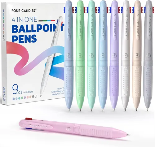 Four Candies Bolígrafos multicolor, bolígrafo de 4 en 1, paquete de 9 bolígrafos de 1.0mm y 4 colores, bolígrafos de secado rápido para enfermeras,
