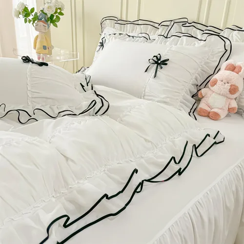 Miniatura 3 de IHOUSTRIY Juego de funda de edredón blanca tamaño Queen, juego de ropa de cama con volantes con corbatín, juego de funda de edredón de 3 piezas