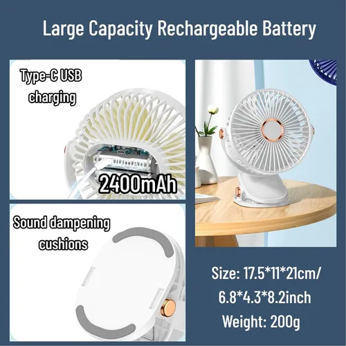 Miniatura 6 de Ventilador de escritorio con clip con luces, recargable por USB, 2400 mAh, 5 niveles de velocidad de flujo de aire, ventilador personal portátil