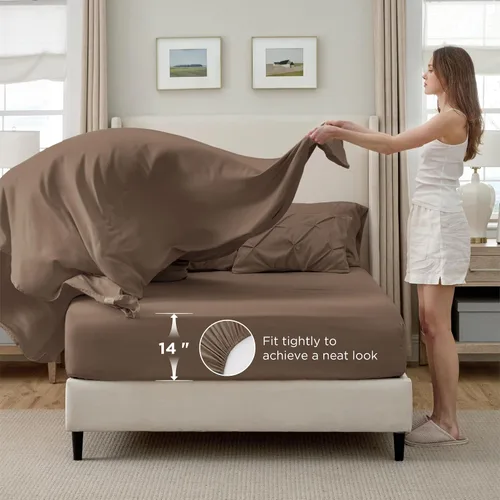 Miniatura 5 de Bedsure - Juego de ropa de cama tamaño california king de 7 piezas, con pliegues, color marrón, cama en una bolsa con edredón, sábanas, fundas de 21