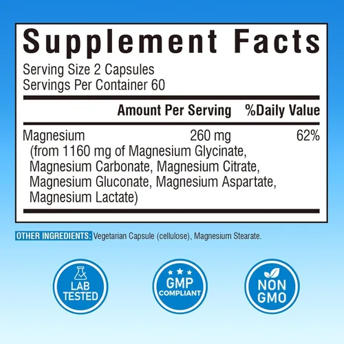 Miniatura 2 de Vitalibre Complejo de magnesio 6 en 1 para mujeres y hombres, 260 mg de magnesio elemental Máxima absorción Suplemento de magnesio quelado