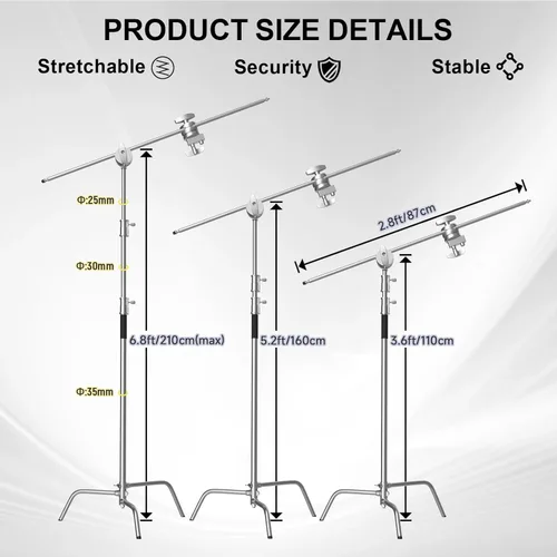 Miniatura 3 de Soporte C con brazo de pluma, kit de soporte de luz para fotografía - Soporte en C resistente con poste de acero inoxidable de 6.8 pies/210cm, brazo