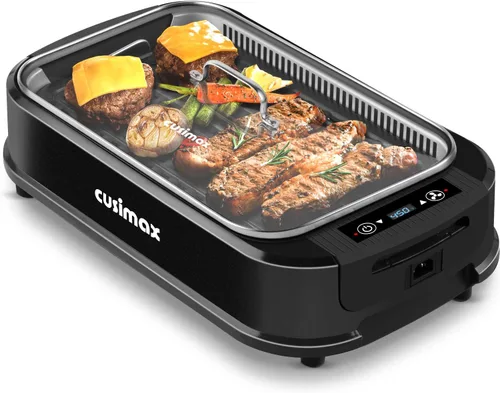 CUSIMAX - Parrilla eléctrica sin humo para interiores, parrilla eléctrica coreana portátil de 1500 W con pantalla inteligente LED y tapa de vidrio