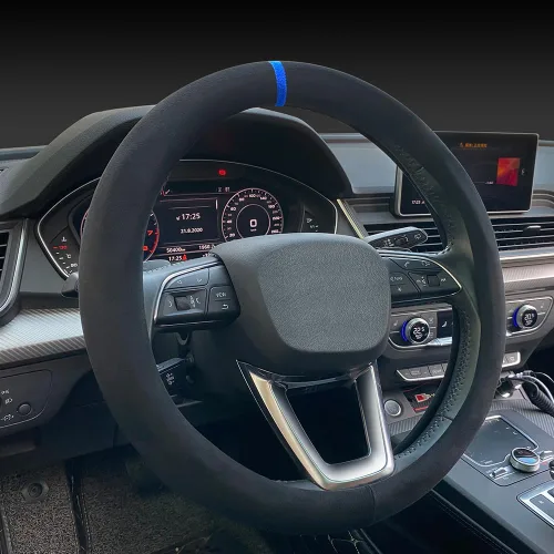 Miniatura 2 de Carodi Funda de gamuza para volante, de cuero antideslizante, ajuste interior de automóvil de 15 pulgadas, universal Negro (etiqueta azul)