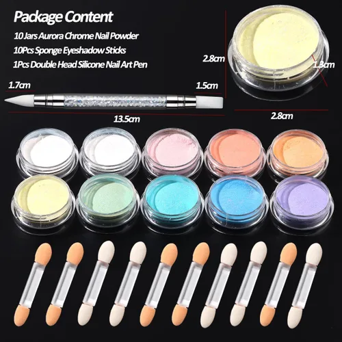 Miniatura 2 de 10 colores de sirena perla cromada polvo de uñas, polvo iridiscente Aurora efecto espejo metálico pigmento perlado arte uñas brillo polvo kit