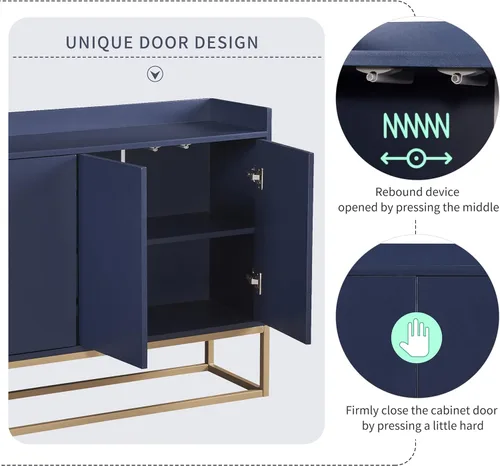 Miniatura 5 de Aparador moderno para bufé, armario de almacenamiento de cocina, mesa consola con 4 puertas, estantes ajustables y patas de metal para comedor