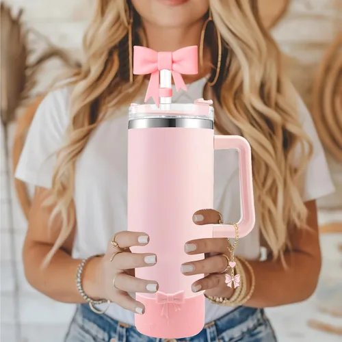 Miniatura 6 de Conjunto de accesorios para taza Hpebl para Stanley, incluye 2 tapas de pajita con moño lindo de 10 mm, tapones reutilizables para pajita, 1 funda