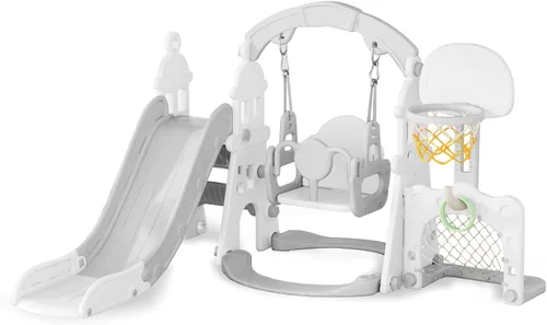 Miniatura 9 de XJD - Juego de tobogán y columpio 6 en 1 para niños pequeños, tobogán para niños de 1 año en adelante, juego de exterior para niños pequeños con aro