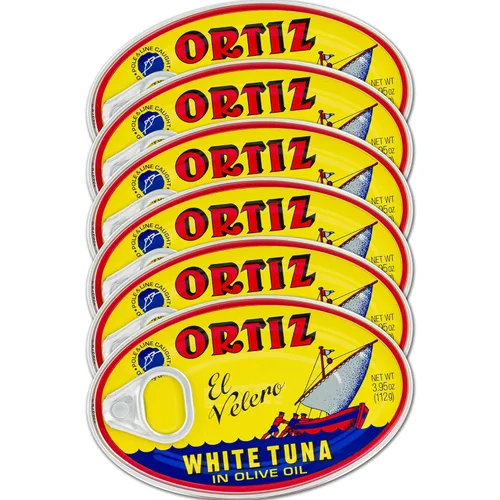 Ortiz Atún en aceite de oliva, lata ovalada Kosher de 3.95 onzas, paquete a granel de 6 | Atún enlatado superior | Atún blanco Kosher Ortiz en