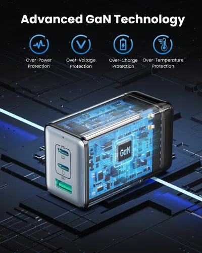 Miniatura 3 de Cargador de pared USB C de 128 W, estación de carga rápida de 3 puertos GaN III, bloque de cargador plegable PD QC, adaptador portátil de 65 W