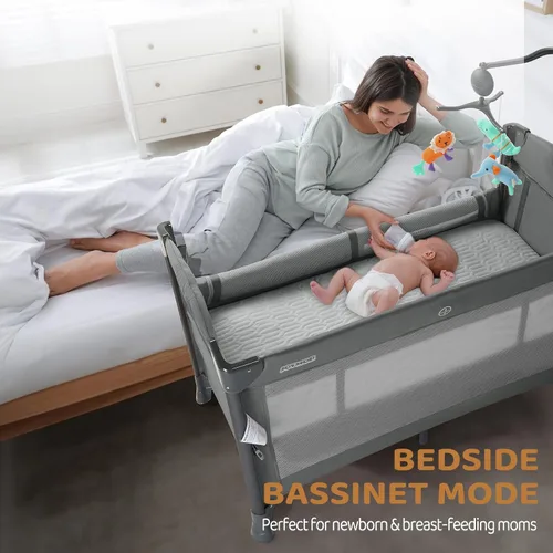 Miniatura 2 de JOYMOR Cuna para bebé, empacar y jugar con moisés y bolsa de transporte, se convierte en cama de noche con ruedas para niños y niñas (gris)
