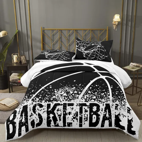 Bodhi Juego de edredón en blanco y negro, juego de ropa de cama de baloncesto deportivo tamaño Queen para niños, juego de edredón de baloncesto,