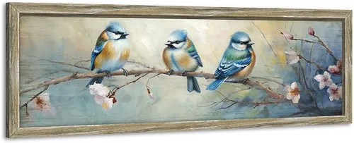 Arte de pared rústico de madera BlueBird: pintura enmarcada de pájaro colorido, imagen de gorrión vintage, lindo carbonero en rama de flores,