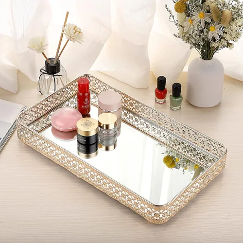 Miniatura 6 de ELLDOO Bandeja Dorada para Perfumes y Maquillaje - Almacenamiento de Joyas con Tallado Hueco, Organizador de Baratijas de Cristal y Metal para Dorado