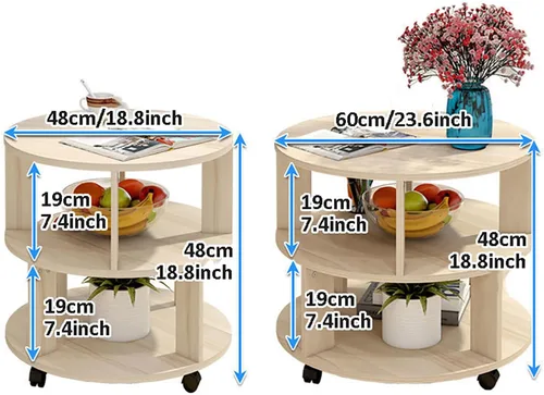 Miniatura 6 de Mesa auxiliar redonda moderna con almacenamiento, mesita de noche con estantes de 2 niveles, mesa de centro pequeña de madera con ruedas, mesa