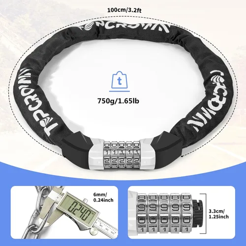 Miniatura 3 de Topcrown Cerradura de cadena para bicicleta, diales digitales de metal mejorados, 3.2 pies de largo, alta seguridad, resistente, antirrobo