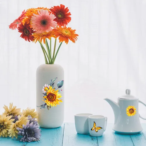 Miniatura 6 de Calcomanías de pared de girasol de acuarela, creativas calcomanías de pared de flores amarillas 3D, calcomanías de mariposa de sol para despegar