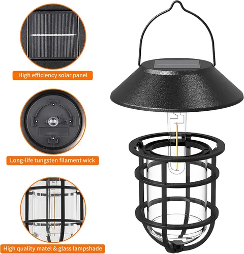 Miniatura 7 de Farol solar colgante para exteriores, luces solares impermeables de metal para exteriores con vidrio transparente, bombillas LED Edison decorativas