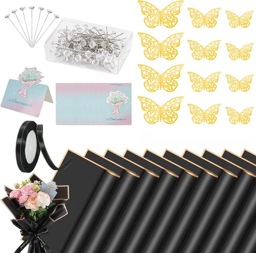 20 hojas de papel de regalo de flores, papel de regalo impermeable con 10 tarjetas de felicitación, 12 piezas de decoración de mariposa dorada en