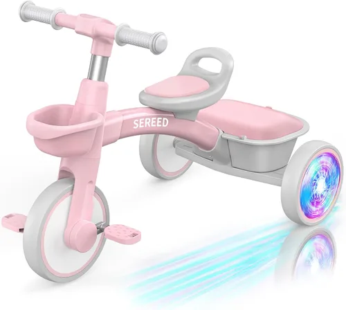 SEREED Triciclo de iluminación colorida para niñas de 2 a 5 años, triciclo ajustable con asiento y manillar, cesta extraíble, idea de regalo de Rosa