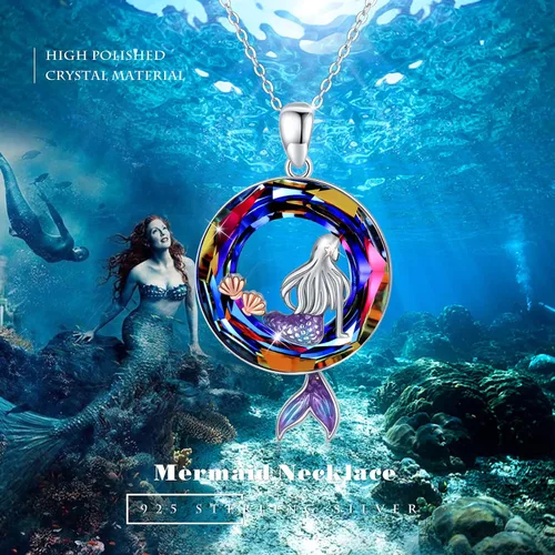 Miniatura 2 de Collares de sirena de forma redonda con dije de océano de cristal, delicado collar de plata de ley con estrellas de mar y playa, lindos regalos