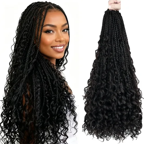 Miniatura 16 de LMZIM 18 Pulgadas Trenzas de Caja Bohemias 8 Paquetes Trenzas de Caja de Diosa Bohemia Cabello de Ganchillo con Puntas Rizadas Cabello de Ganchillo