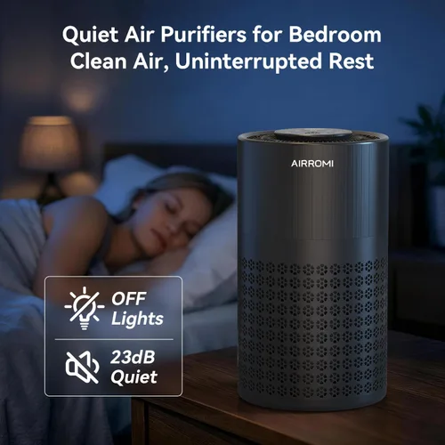 Miniatura 6 de Purificador de aire AIRROMI para dormitorio con filtro HEPA 3-en-1, purificador de aire para mascotas para el olor a orina de gato en el hogar, Negro