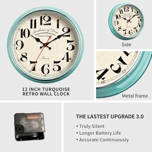 Miniatura 2 de Reloj de Pared de Campo de Metal de 12.4" Vintage Retro Relojes de Pared Silenciosos Sin Tictac Fácil de Leer para Sala de Estar, Cocina, Turquesa