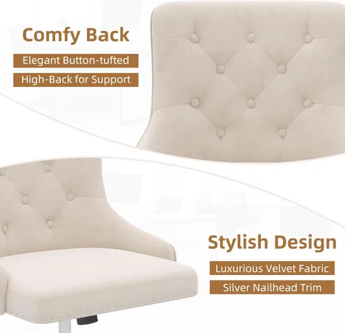 Miniatura 4 de Westice Sillas de escritorio de terciopelo, silla giratoria tapizada de maquillaje cómoda con respaldo copetudo, base de metal dorado y ruedas, Beige