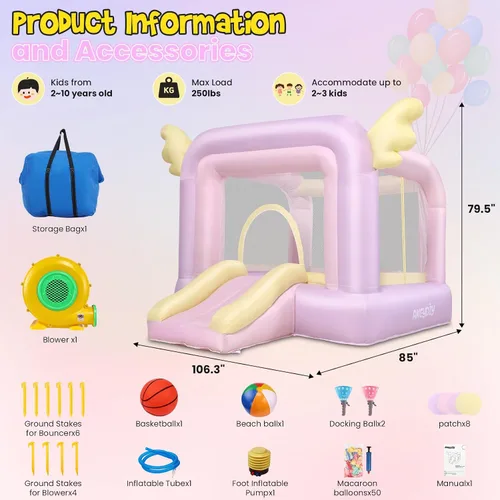 Miniatura 7 de AKEYDIY Casa inflable de rebote para niños, 106'' x 85'' x 80'' Casa de salto Macaron con tobogán, globos, set de atrapar pelotas, saco de boxeo