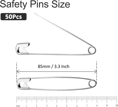 Miniatura 5 de 50 pasadores de seguridad de 3.3 pulgadas (3.346 in) resistentes, pasadores de seguridad grandes a granel, alfileres de costura de metal plateado