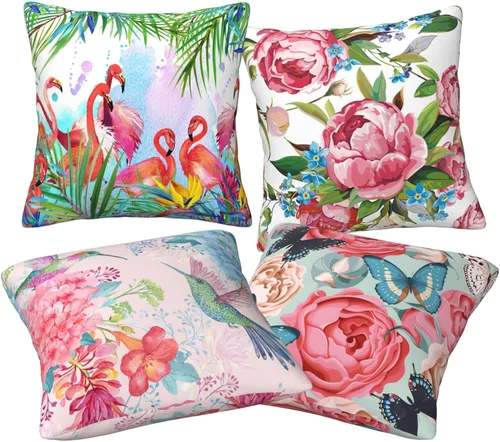 Miniatura 8 de Juego de 4 fundas de almohada de flamencos tropicales y flores rosadas, 18 x 18 pulgadas, diseño de peonías florales de mariposa, fundas de almohada
