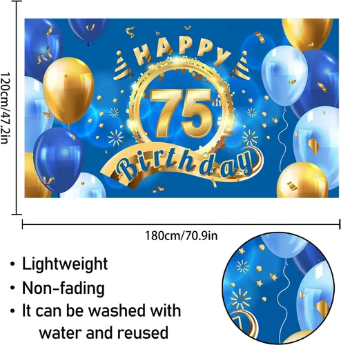 Miniatura 2 de 5665 Cartel de fondo de feliz cumpleaños 75, decoración azul con texto en inglés "Cheers to 75 años" para fiestas temáticas para hombres y mujeres